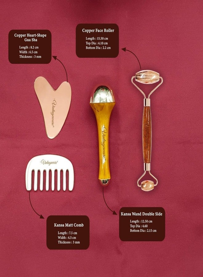 Vintageware® Dual Side Kansa Wand, Bronze Comb, Copper Gua Sha and Kansa Face Roller - Ayurvedic Massage Tools for Relaxation, Detox, Hair Growth, and Anti-Aging Skincare - Image 4