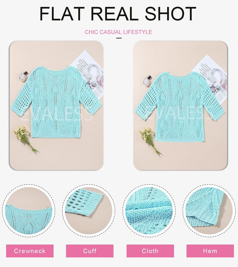 EVALESS Summer Sweaters for Women Spring Outfits for Women Trendy 2026 Knitted Tops 3/4 Short Sleeve Sweater Round Neck Blouses for Women Dressy Casual Crochet Pullover Shirts Holiday Blue Top, Large - Image 5