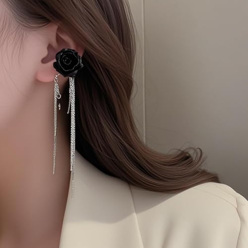 MEENAZ Earrings For Women & Girls Stylish | Western Korean Earrings Black | Flower Chain Long Silver Earrings | Danglers Crystal Drop Tribal Earrings Set for Women Anti Tarnish Accessories Aesthetic - Image 4