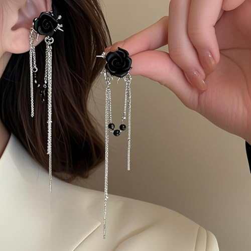 MEENAZ Earrings For Women & Girls Stylish | Western Korean Earrings Black | Flower Chain Long Silver Earrings | Danglers Crystal Drop Tribal Earrings Set for Women Anti Tarnish Accessories Aesthetic - Image 3