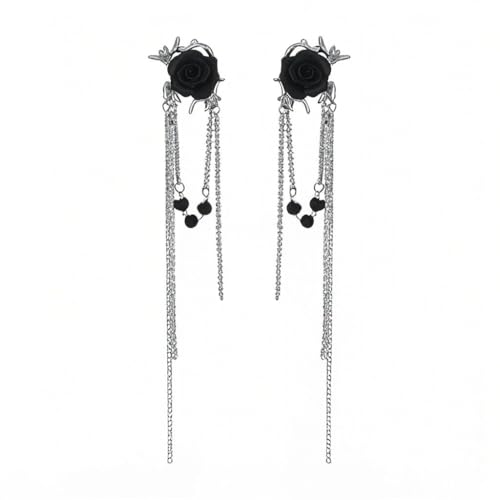 MEENAZ Earrings For Women & Girls Stylish | Western Korean Earrings Black | Flower Chain Long Silver Earrings | Danglers Crystal Drop Tribal Earrings Set for Women Anti Tarnish Accessories Aesthetic - Image 1