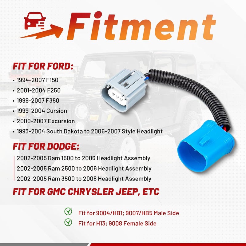 RED WOLF 9004 HB1 9007 HB5 to H13 9008 Headlight Extension Wiring Harness Socket Fog Light Headlamp Conversion Retrofit Fit 1994-2007 Ford F150, Dodge Ram 1500 2500 3500 Male Female Connector - Image 3