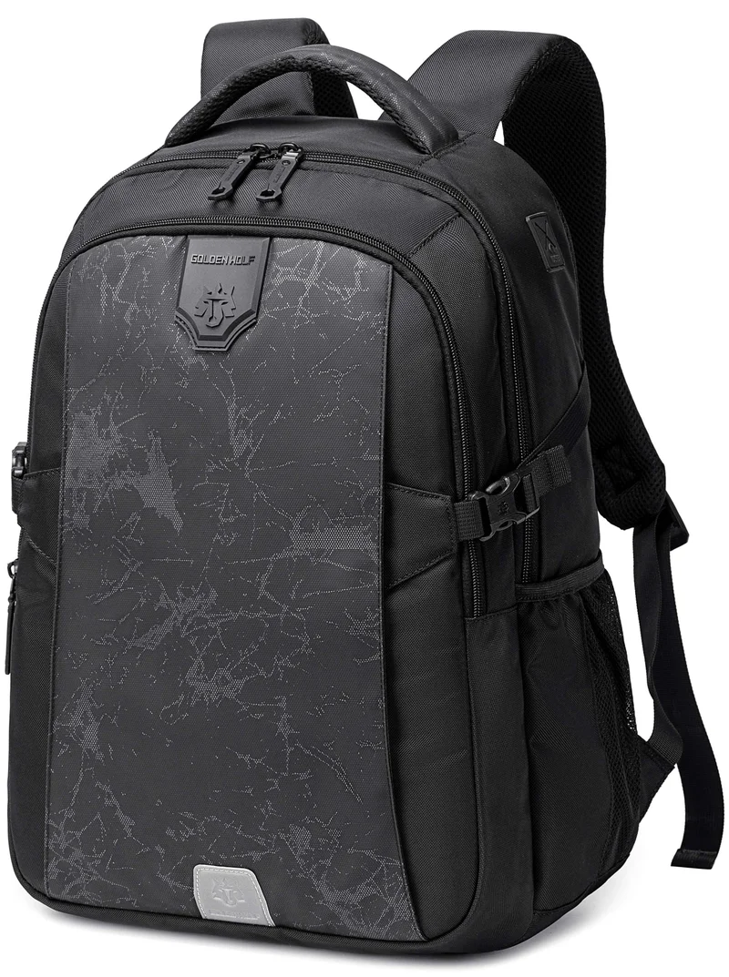 أركتيك هانتر Golden Wolf Slim Laptop Backpack Water Resistant Daypack with Headphone Jack for Business Casual Travel College for Men Women, GB00433, Black