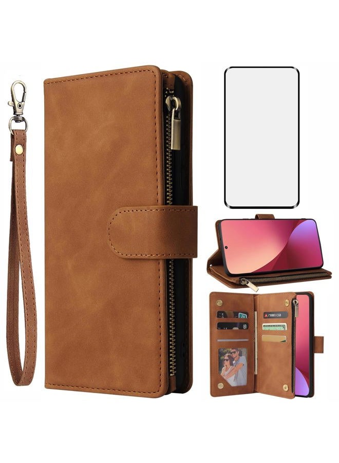 Asuwish Compatible with Xiaomi 12/12S/12X 5G Wallet Case and Tempered Glass Screen Protector Leather Flip Cover Card Holder Stand Cell Accessories Shockproof Soft Phone Cases for Mi X12 Women Brown - Image 1