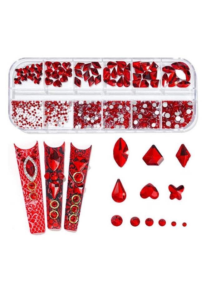 735 Pieces Red Nail Rhinestones For Acrylic Nails Red Stones For Nails Crystals 3D Nail Diamonds Art Decoration Crafts Diy (Red)