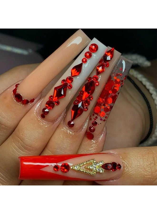 735 Pieces Red Nail Rhinestones For Acrylic Nails Red Stones For Nails Crystals 3D Nail Diamonds Art Decoration Crafts Diy (Red)