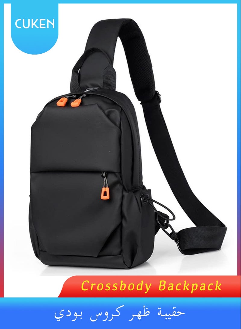Cuken Black Crossbody Backpack, Lightweight Shoulder Bag for Men Women, Adjustable Strap Backpack Chest Bag, With USB Charger Port, Scratch-Resistant, Waterproof, For Outdoor Hiking, Traveling, Cycling  - Image 1