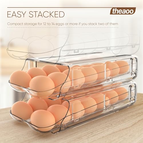 theaoo Egg Holder for Fridge, Automatic Rolling Egg Container for Refrigerator, Clear Plastic Egg Dispenser, Stackable Eggs Organizer with Quick Removable inner Tray For Organizers and Storage, 2Pack - Image 5
