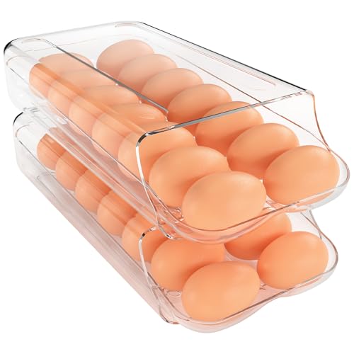 theaoo Egg Holder for Fridge, Automatic Rolling Egg Container for Refrigerator, Clear Plastic Egg Dispenser, Stackable Eggs Organizer with Quick Removable inner Tray For Organizers and Storage, 2Pack - Image 1