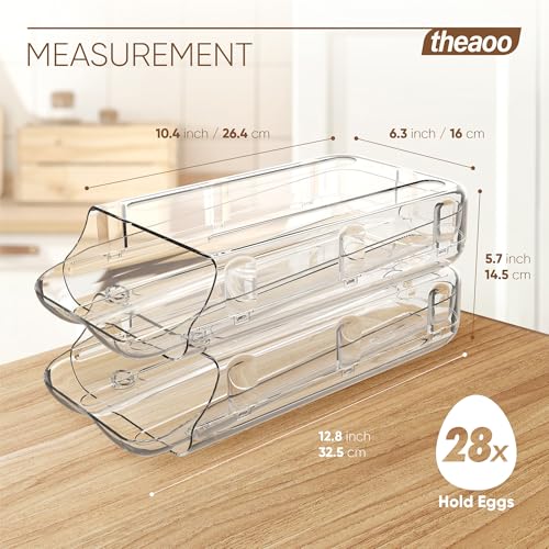 theaoo Egg Holder for Fridge, Automatic Rolling Egg Container for Refrigerator, Clear Plastic Egg Dispenser, Stackable Eggs Organizer with Quick Removable inner Tray For Organizers and Storage, 2Pack - Image 3