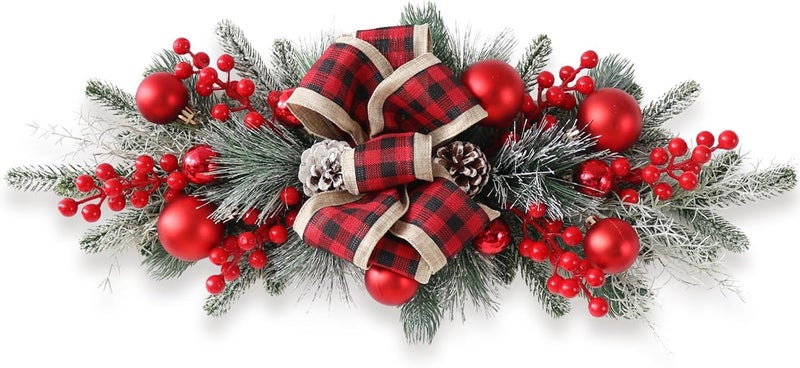 FACINOC 24" Artificial Christmas Swag for Front Door Decorative Xmas Swags with Red Berries Pine Cones Bow Festive Decorations for Mantle Wall Indoor Outdoor Holiday Home Decor (Red 1 PCS) - Image 1