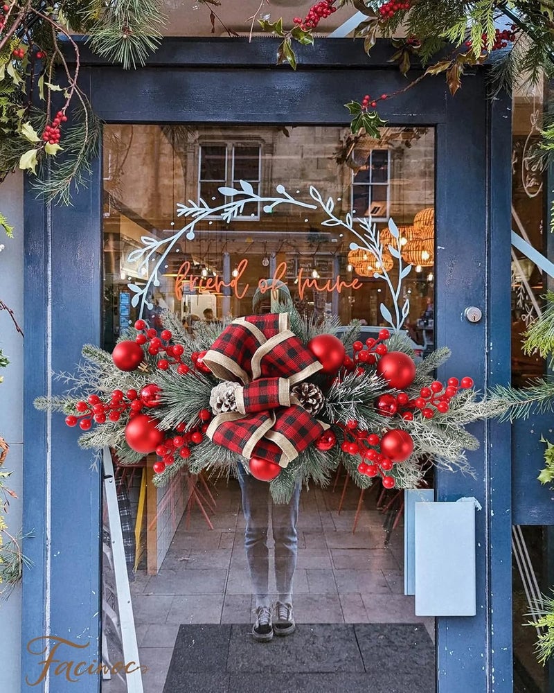 FACINOC 24" Artificial Christmas Swag for Front Door Decorative Xmas Swags with Red Berries Pine Cones Bow Festive Decorations for Mantle Wall Indoor Outdoor Holiday Home Decor (Red 1 PCS) - Image 5