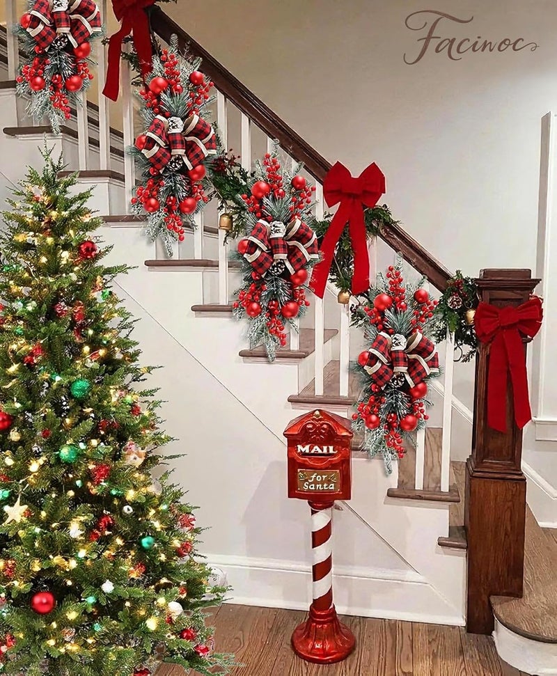 FACINOC 24" Artificial Christmas Swag for Front Door Decorative Xmas Swags with Red Berries Pine Cones Bow Festive Decorations for Mantle Wall Indoor Outdoor Holiday Home Decor (Red 1 PCS) - Image 2