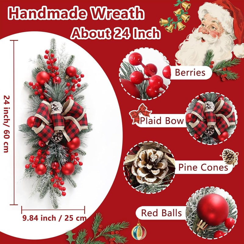 FACINOC 24" Artificial Christmas Swag for Front Door Decorative Xmas Swags with Red Berries Pine Cones Bow Festive Decorations for Mantle Wall Indoor Outdoor Holiday Home Decor (Red 1 PCS) - Image 3