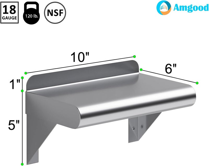 AmGood 6 in. x 10 in. Stainless Steel Wall Shelf | NSF Certified | Appliance & Equipment Metal Shelving | Kitchen, Restaurant, Garage, Laundry, Utility Room - Image 3