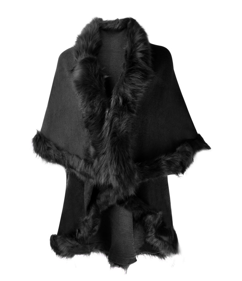 ZLYC Women Fine Knit Open Front Faux Fur Trim Layers Poncho Cape Cardigan Sweater (Black 2) - Image 1