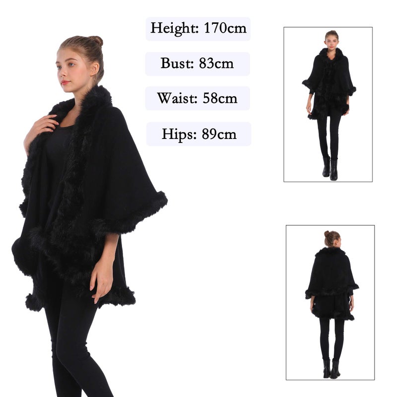 ZLYC Women Fine Knit Open Front Faux Fur Trim Layers Poncho Cape Cardigan Sweater (Black 2) - Image 3