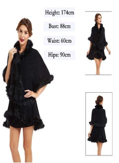 ZLYC ZLYC Women Fine Knit Open Front Faux Fur Trim Layers Poncho Cape Cardigan Sweater (Black 2)  - Image 2