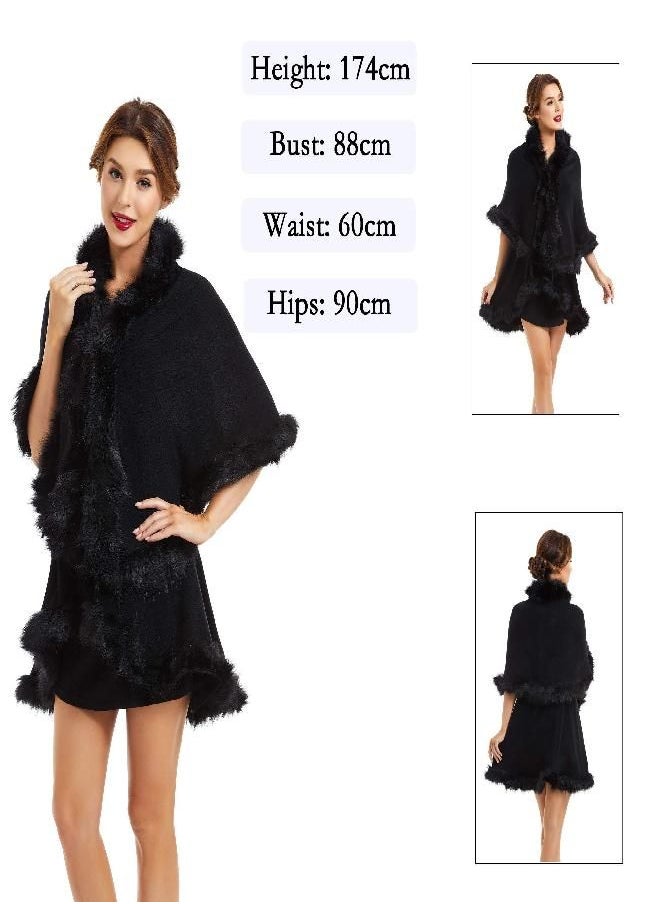 ZLYC ZLYC Women Fine Knit Open Front Faux Fur Trim Layers Poncho Cape Cardigan Sweater (Black 2)  - Image 2