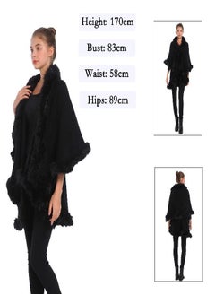 ZLYC ZLYC Women Fine Knit Open Front Faux Fur Trim Layers Poncho Cape Cardigan Sweater (Black 2)  - Image 1