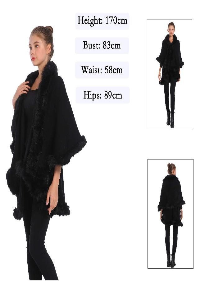 ZLYC ZLYC Women Fine Knit Open Front Faux Fur Trim Layers Poncho Cape Cardigan Sweater (Black 2)  - Image 1