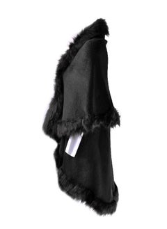 ZLYC ZLYC Women Fine Knit Open Front Faux Fur Trim Layers Poncho Cape Cardigan Sweater (Black 2)  - Image 3