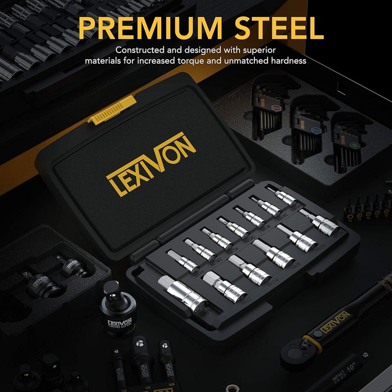 LEXIVON HEX Bit Socket Set, Premium S2 Alloy Steel | 13-Piece SAE 5/64" - 9/16" Set | Enhanced Storage Case (LX-142) - Image 2