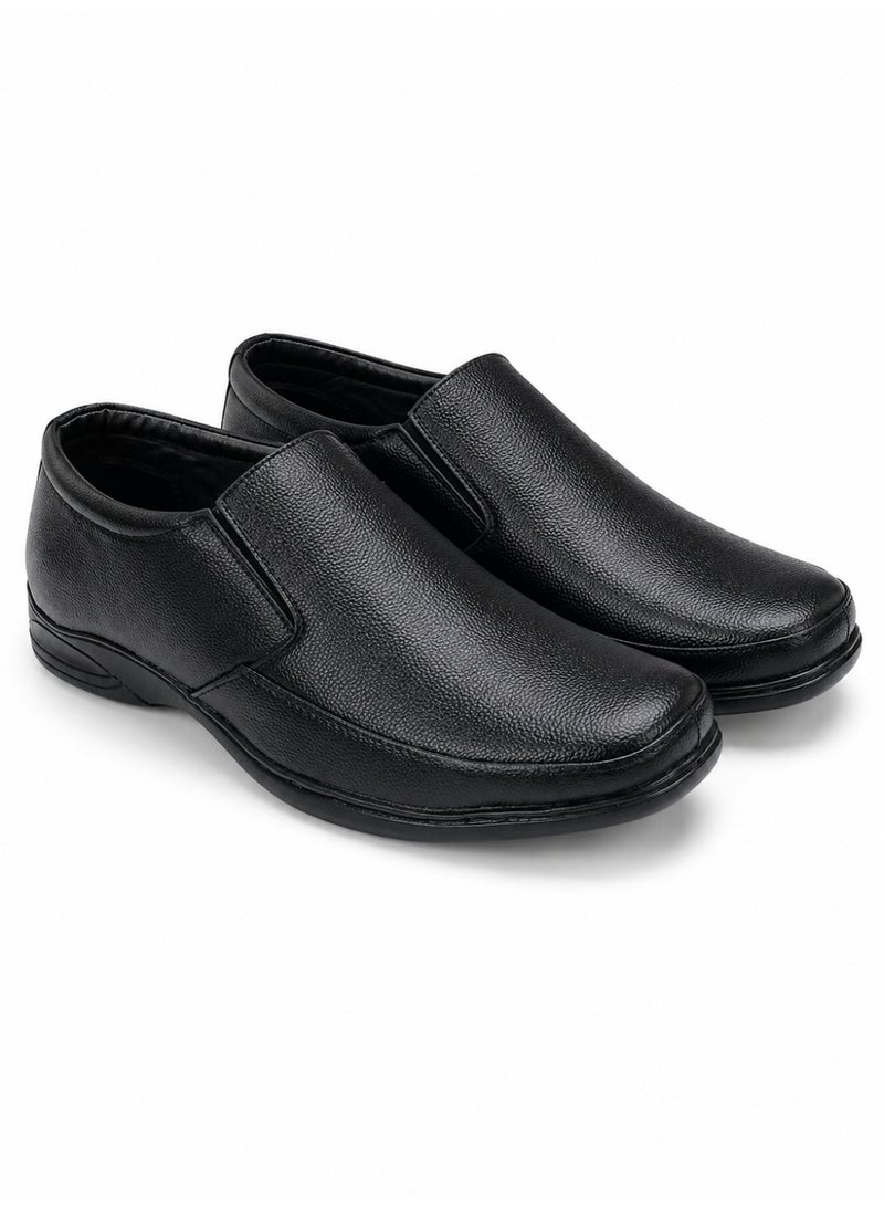 Men's Black Textured Square-Toe Slip-On Dress Shoes, Business Casual Loafers with Elastic Side Panels for Office, Work and Formal Wear - Image 1