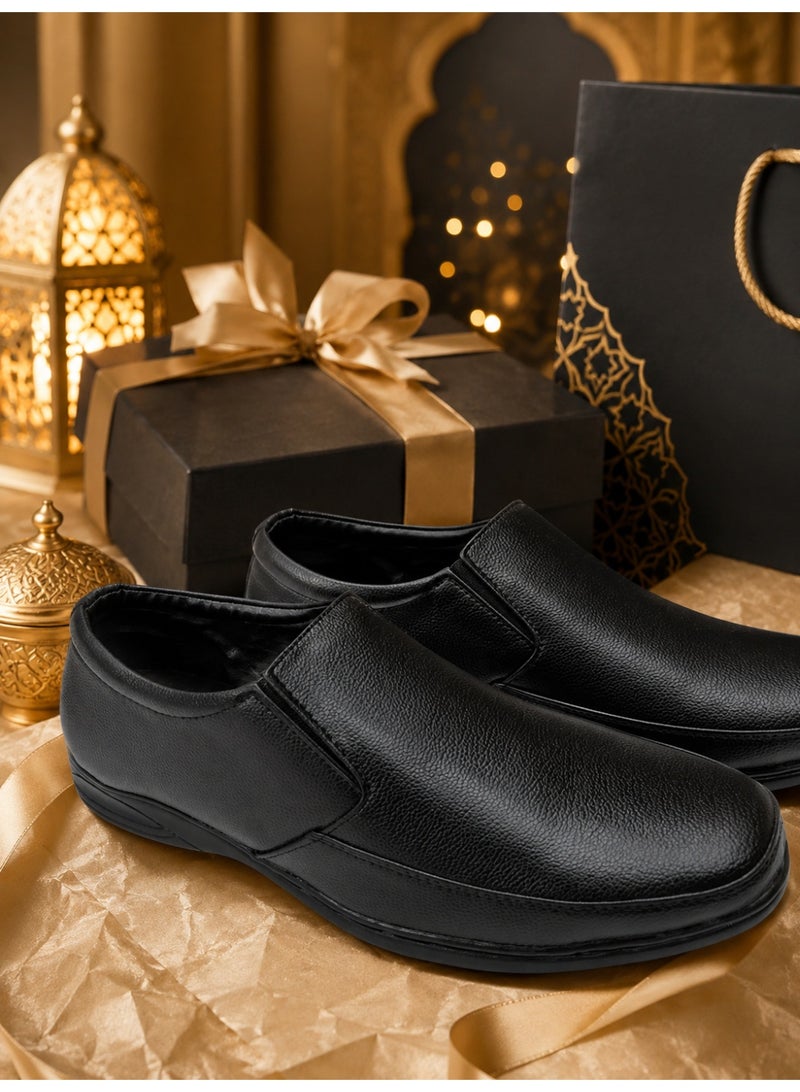 Men's Black Textured Square-Toe Slip-On Dress Shoes, Business Casual Loafers with Elastic Side Panels for Office, Work and Formal Wear - Image 3
