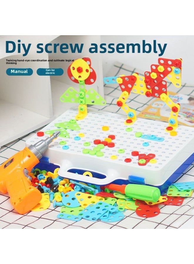 Electric Drill Screw Jigsaw 3D Three-dimensional Mushroom Nail Platter Children's Early Education Disassembly Building Blocks Toy-Color:673A (English) Portable Platter - Image 2