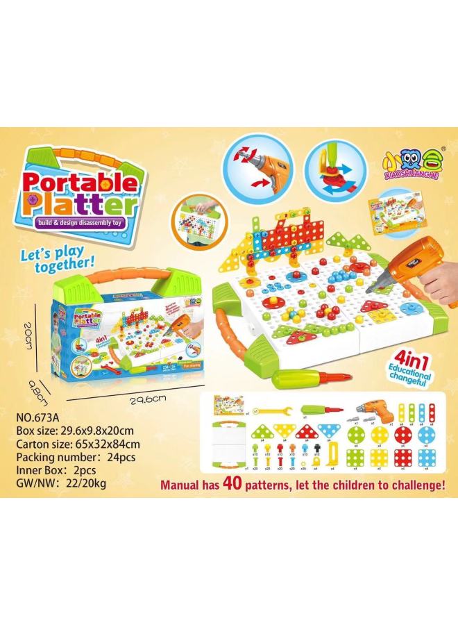 Electric Drill Screw Jigsaw 3D Three-dimensional Mushroom Nail Platter Children's Early Education Disassembly Building Blocks Toy-Color:673A (English) Portable Platter - Image 1