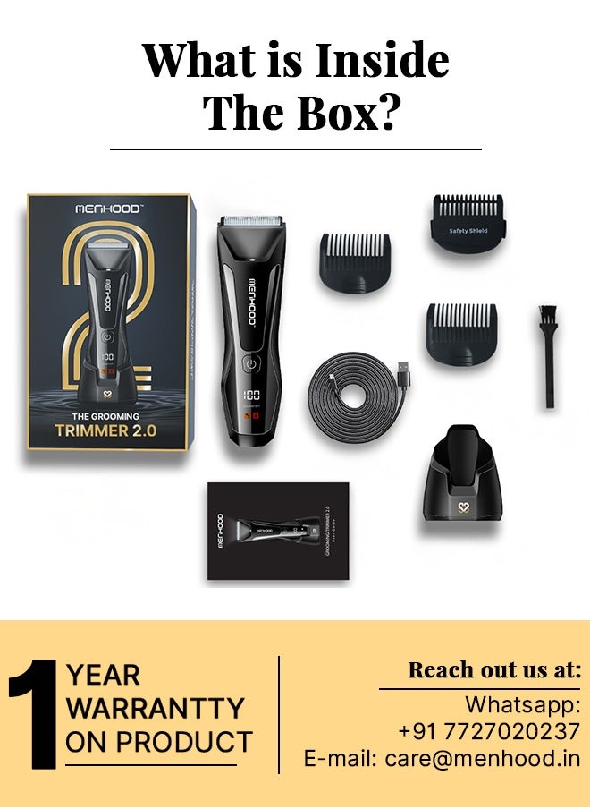 MENHOOD Waterproof Cordless Grooming Trimmer 2.0 for Men | Best Full Body & Sensitive Skin Technology | Male Body Hair Trimmer | Wireless Charging | 4000K LED Light & Power Status Display | 150 Min Runtime | All-in-One Multi-Purpose Trimmer