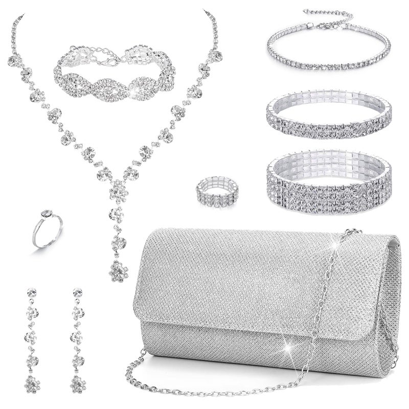 EIELO Purse Rhinestone Bridal Jewelry Sets for Women Clutch Purse Flower Necklace Earrings Bracelet Jewelry Sets for Wedding Bridal Bridesmaid Gifts Evening Party Prom Jewelry Set - Image 1