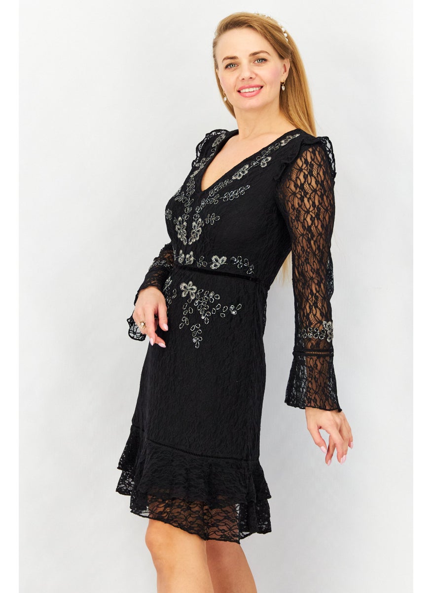 French Connection Women Embellished Midi Partywear Dress, Black  - Image 2