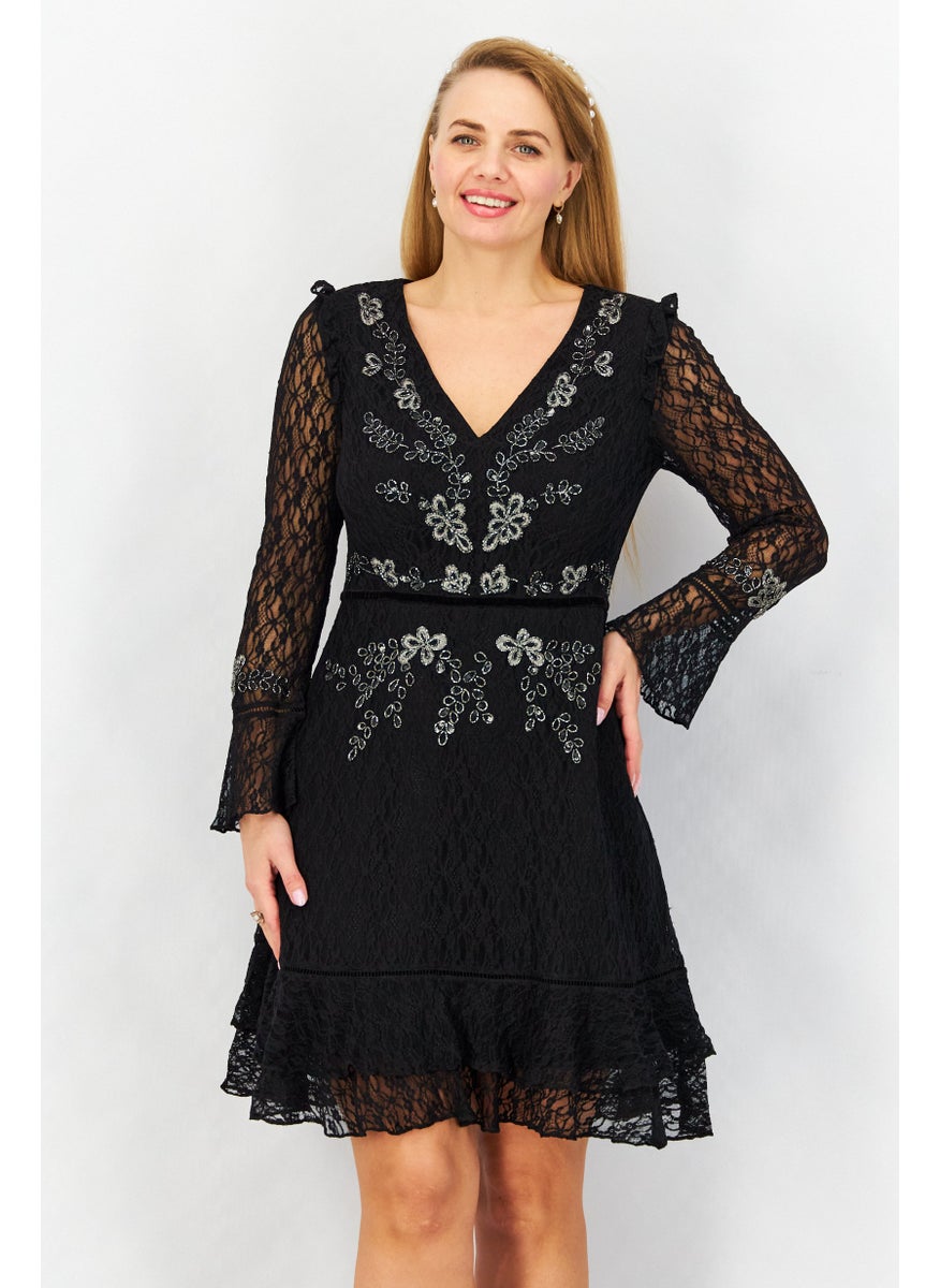 French Connection Women Embellished Midi Partywear Dress, Black  - Image 1