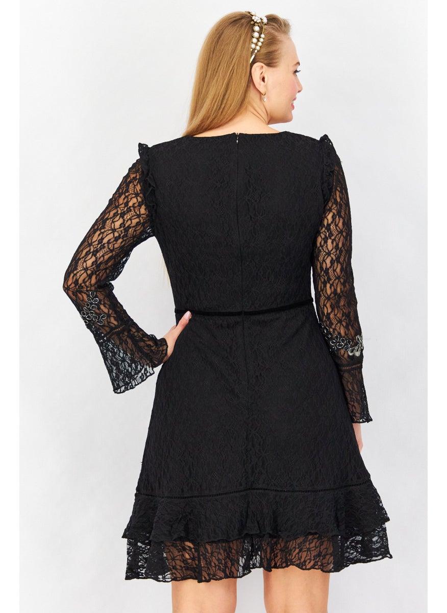 French Connection Women Embellished Midi Partywear Dress, Black  - Image 3