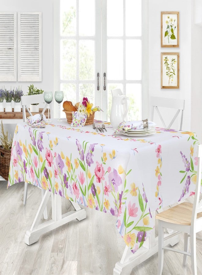 Newbridge Blooming Petals 52 x 70 Inch Rectangle Fabric Tablecloth, Easy Care and Stain Resistant Bordered Table Cover, Pink Green and Blue Spring Floral Blooms - Image 1