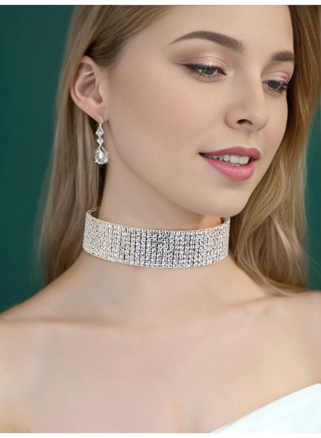 Janefashions 8-Row Eight Rows Clear White Austrian Rhinestone Crystal Choker Necklace Collar Dance Party Wedding N077S Silver - Image 1