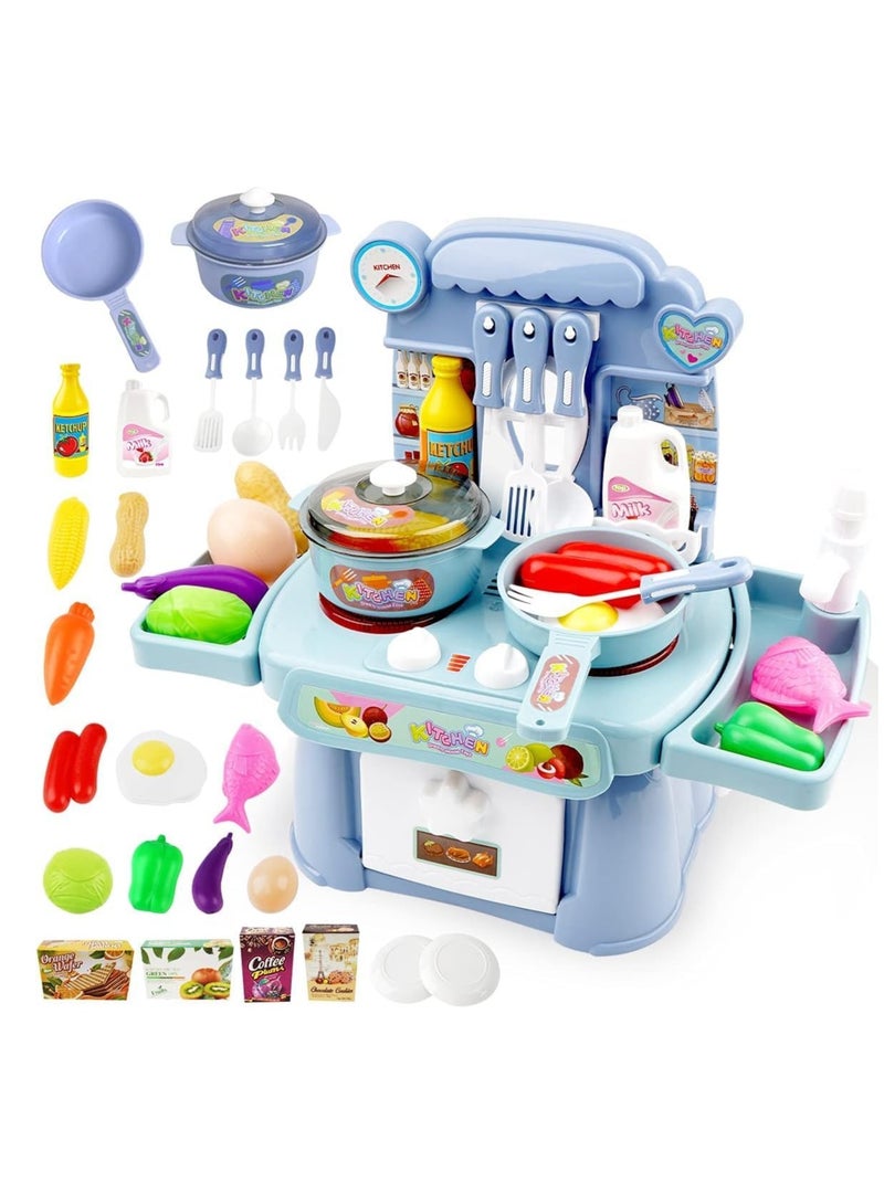 Pretend Kitchen Toys for Kids, Cooking Toy with Light and Music, Safe and Cute Dinner Set for Girls, Kitchen and Sink Toy with Running Water and Electronic Induction Stove (Blue) - Image 1