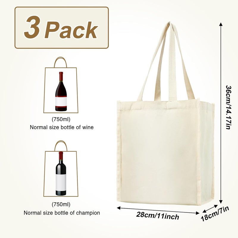 Berlune 3 Pcs Reusable 6 Bottle Wine Tote Bag with Divider Canvas Washable Portable Wine Carrier Tote Sturdy Bag for Grocery Bottle Carrier Holder for Travel Camping Picnic - Image 3