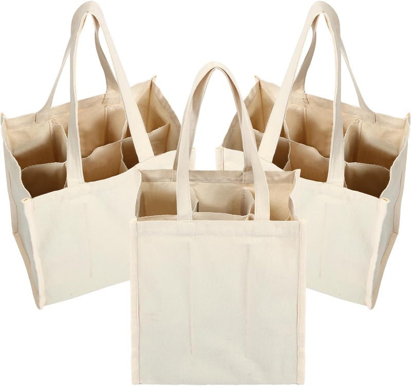 Berlune 3 Pcs Reusable 6 Bottle Wine Tote Bag with Divider Canvas Washable Portable Wine Carrier Tote Sturdy Bag for Grocery Bottle Carrier Holder for Travel Camping Picnic - Image 1