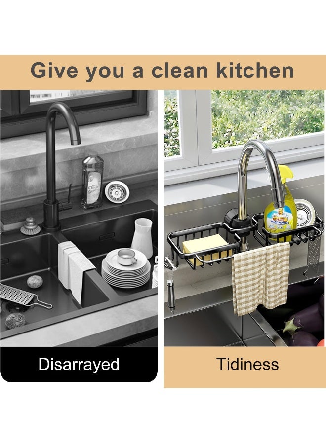 SYOSI Faucet Rack, Aluminum Alloy Faucet Sponge Holder, Detachable Faucet Caddy Organizer for Kitchen & Bathroom, Double Kitchen Faucet Shelf for Holding Sponge/Soap/Shampoo/Rag (Black) - Image 3