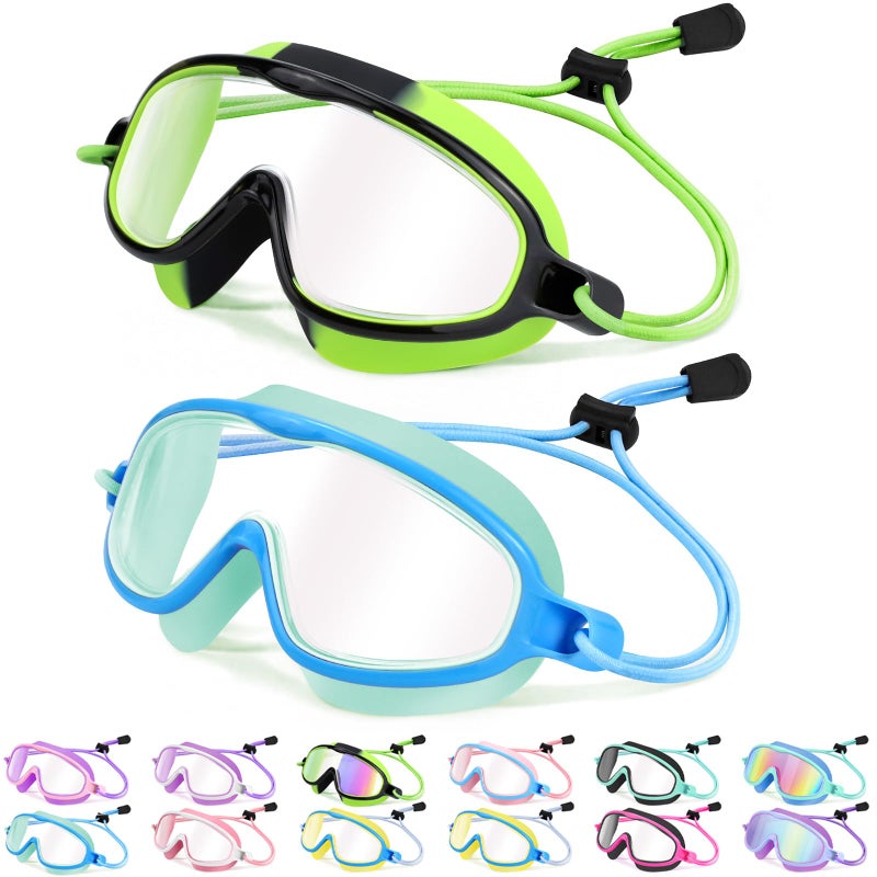 Vvinca 2 Pack Kids Goggles with Bungee Strap Wide View Anti Fog UV No Leak Swimming Mask Pool Goggle for 3-10 Toddlers Girls Boys - Image 1