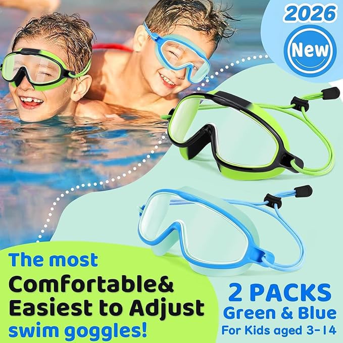 Vvinca 2 Pack Kids Goggles with Bungee Strap Wide View Anti Fog UV No Leak Swimming Mask Pool Goggle for 3-10 Toddlers Girls Boys - Image 2