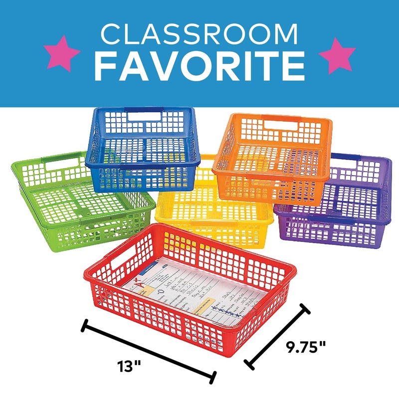 Fun Express Stackable Storage Bins 13x9.75x3 Inch - 6 Pack Colorful Plastic Storage Baskets with Handles for Classroom Organization | Paper Trays for Teachers, Office Storage & Home Organizing - Image 2