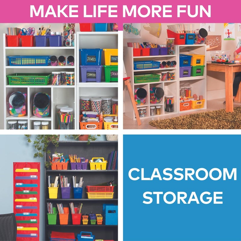Fun Express Stackable Storage Bins 13x9.75x3 Inch - 6 Pack Colorful Plastic Storage Baskets with Handles for Classroom Organization | Paper Trays for Teachers, Office Storage & Home Organizing - Image 4