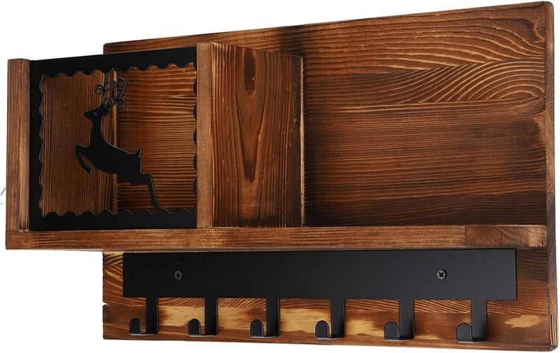 حامل مفاتيح خشبي ريفي مثبت على الحائط مع منظم بريد وخطافات قبعات وتخزين للمدخل - Image 1