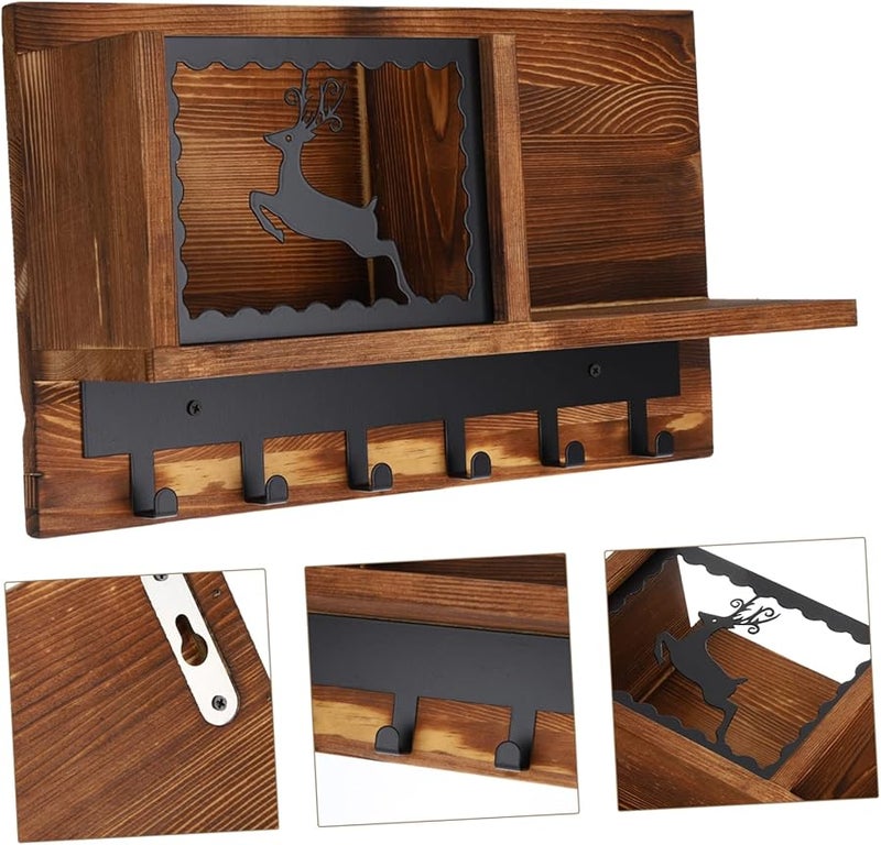 حامل مفاتيح خشبي ريفي مثبت على الحائط مع منظم بريد وخطافات قبعات وتخزين للمدخل - Image 3