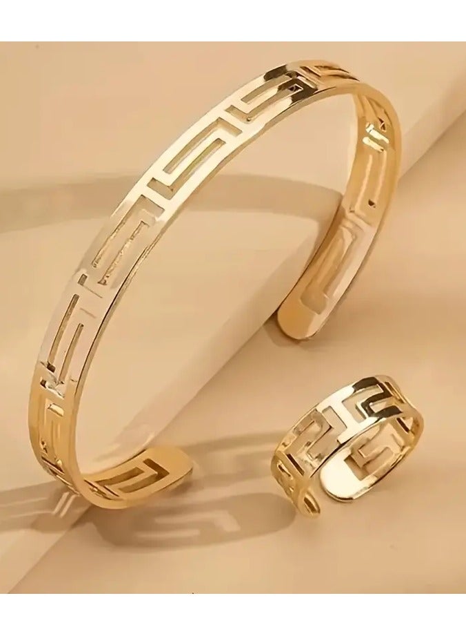 Goolsky Bangle & Ring Minimalist Style Jewelry Set Gold Plated Simple Hollow Geometry Design Pick A Color U Prefer Unisex Jewelry  - Image 1