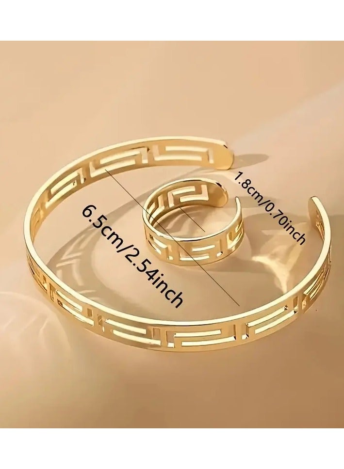Goolsky Bangle & Ring Minimalist Style Jewelry Set Gold Plated Simple Hollow Geometry Design Pick A Color U Prefer Unisex Jewelry  - Image 5